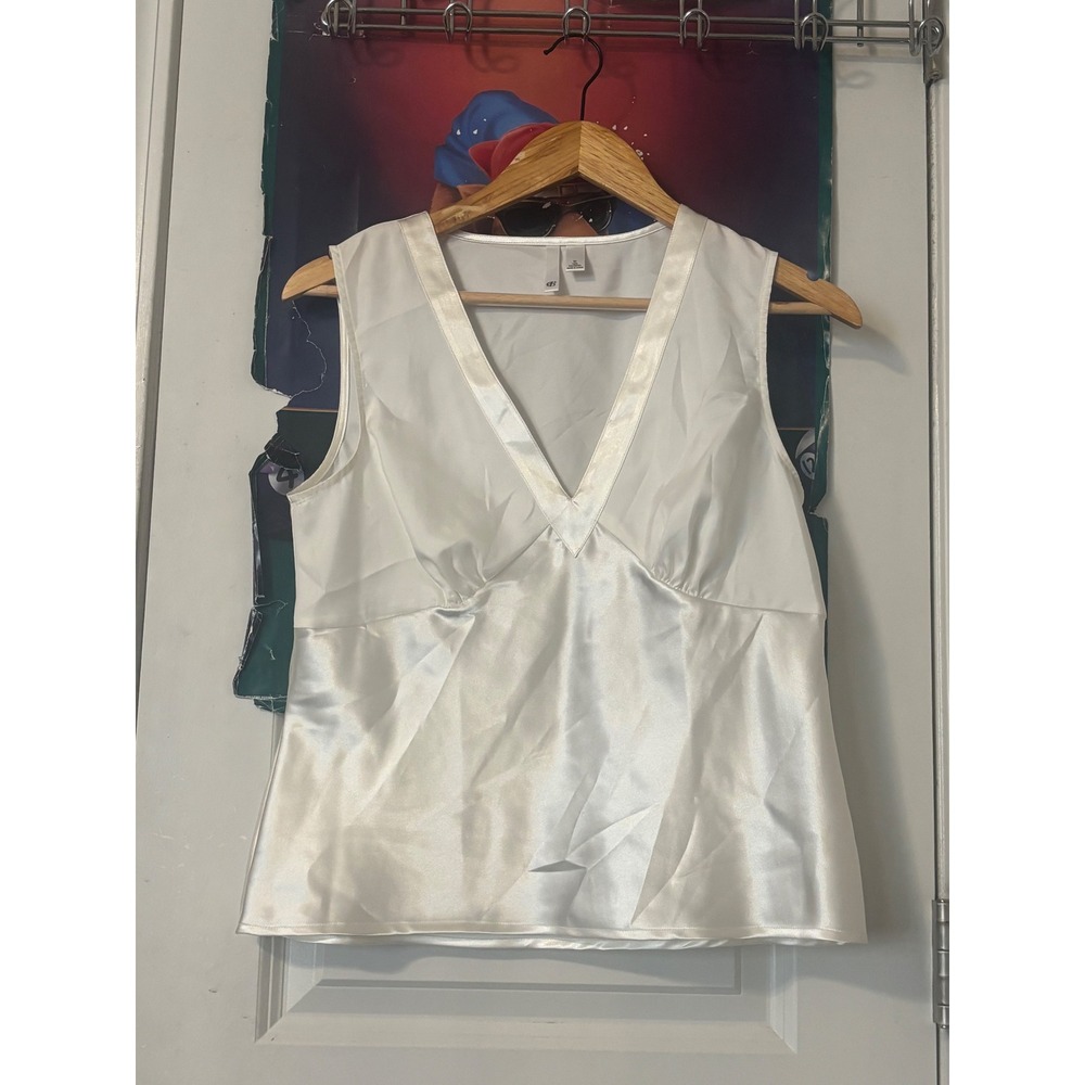 GB White Satin V-Neck Sleeveless Blouse Empire Waist Top Medium y2k